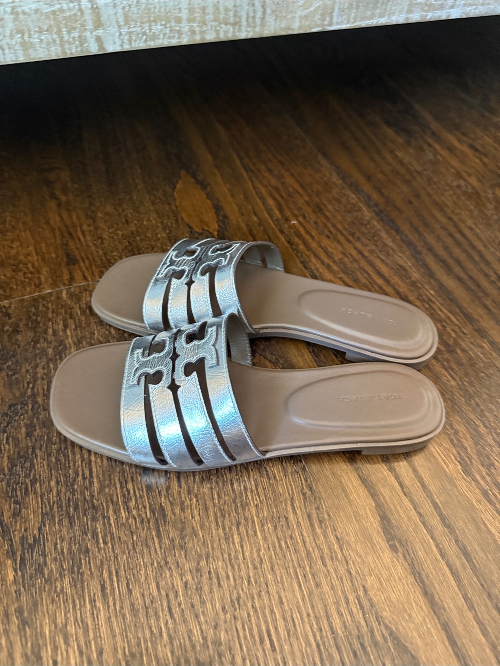 Tory Burch Metallic Silver Cutout Slide Sandals - Picture 3 of 5
